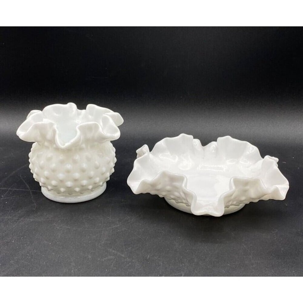 Fenton Milk Glass Hobnail Candy Bon Bon Dish Ruffled Bowl Vase Set Of 2 - Picture 4 of 12